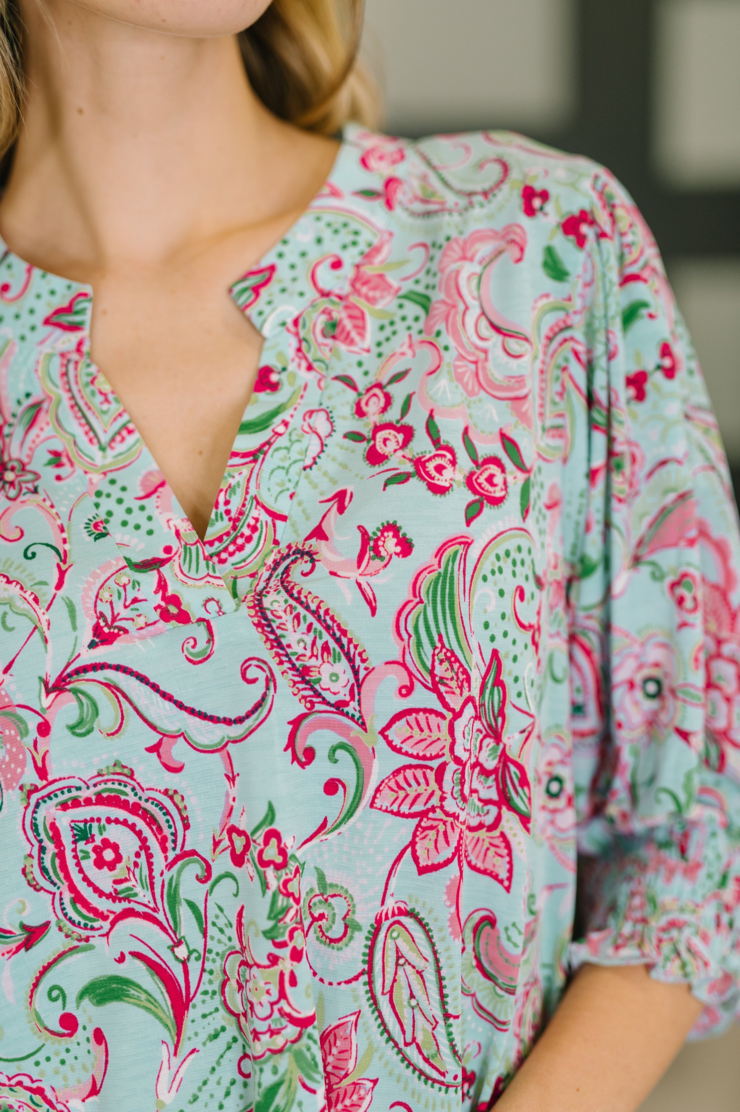 The Flatter Me Fabulous Top - Mint and Pink Floral Paisley