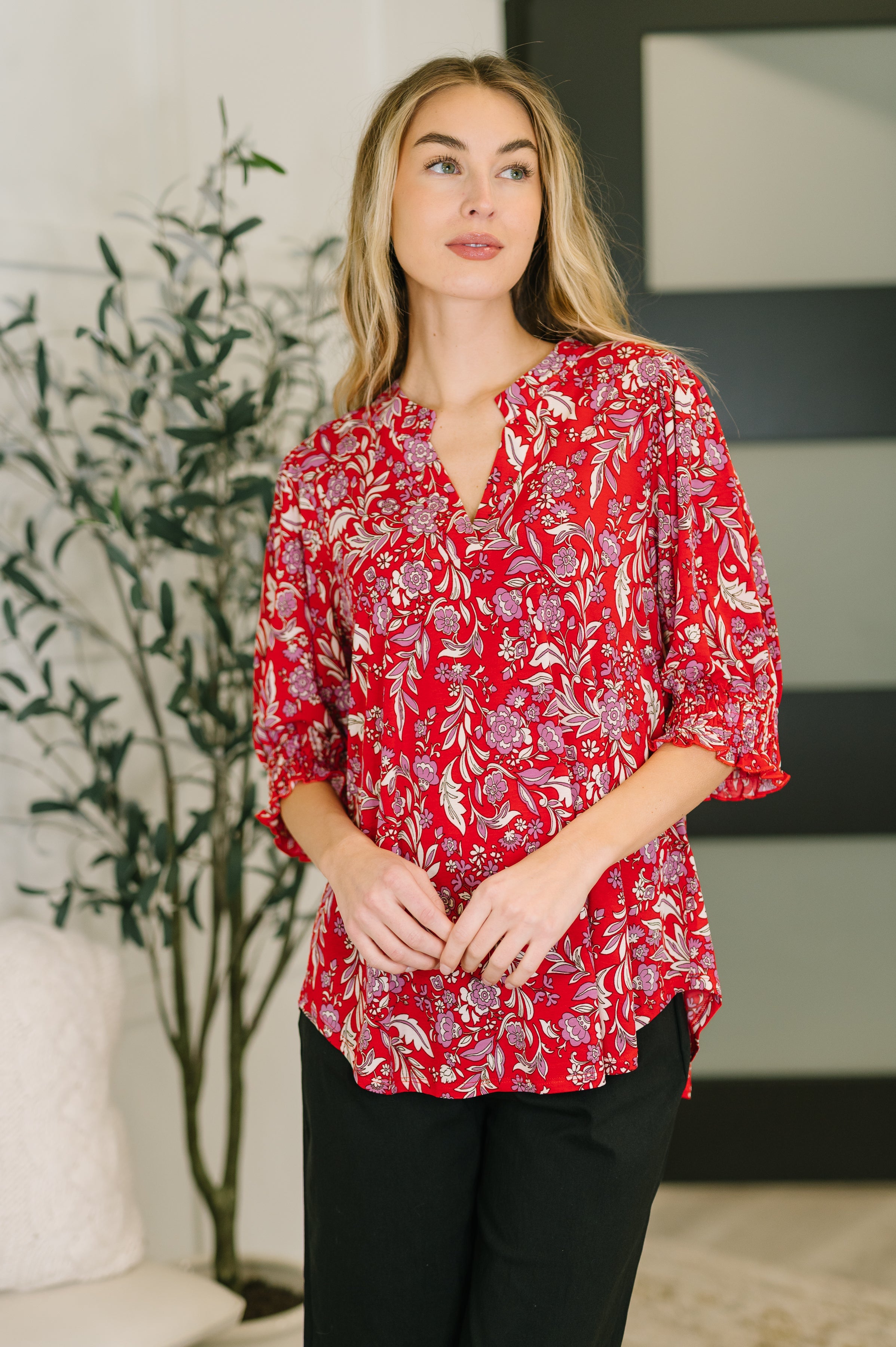 The Flatter Me Fabulous Top - Red and Pink Floral
