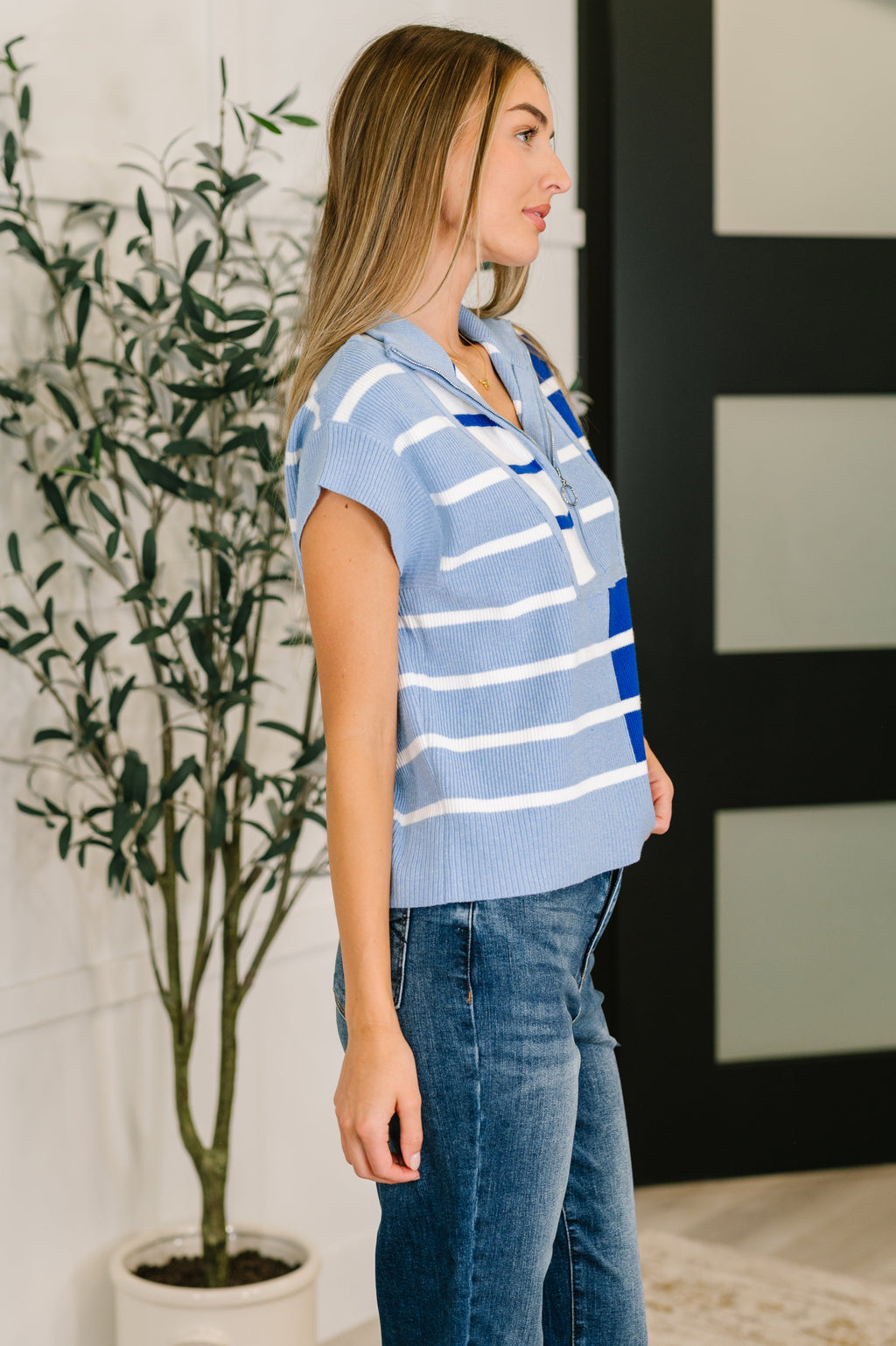 The Lonely Traveler Striped Quarter Zip Vest in Blue