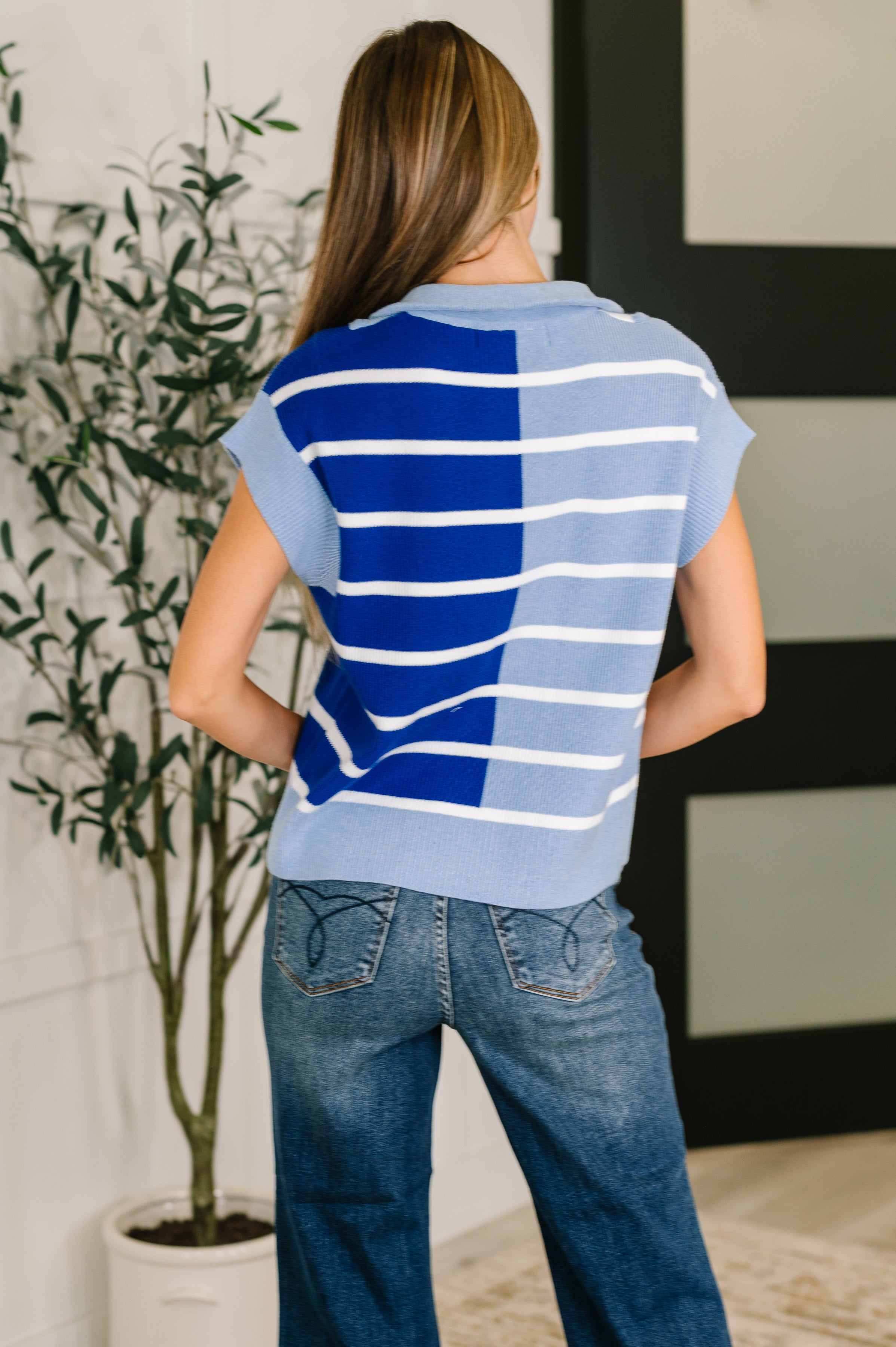 The Lonely Traveler Striped Quarter Zip Vest in Blue