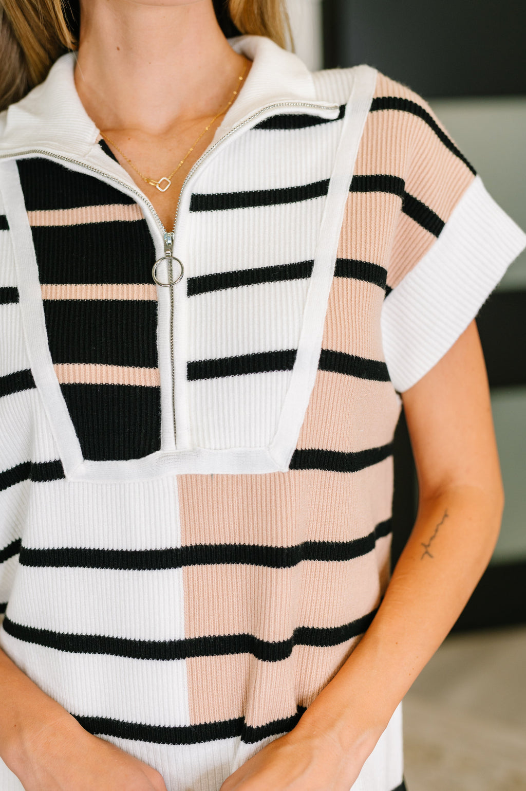 The Lonely Traveler Striped Quarter Zip Vest- White