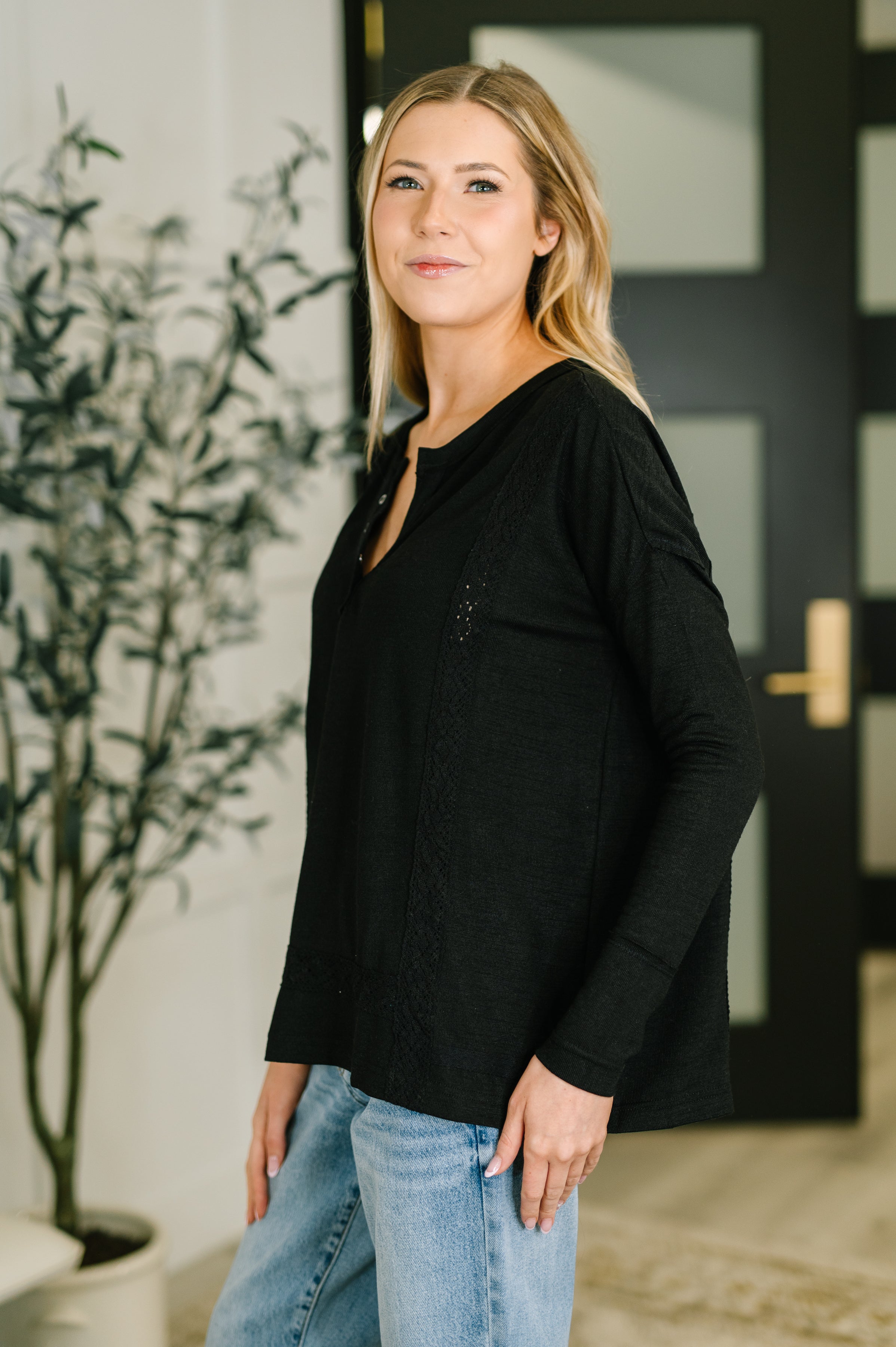 The Lace & Ease Knit Top- Black
