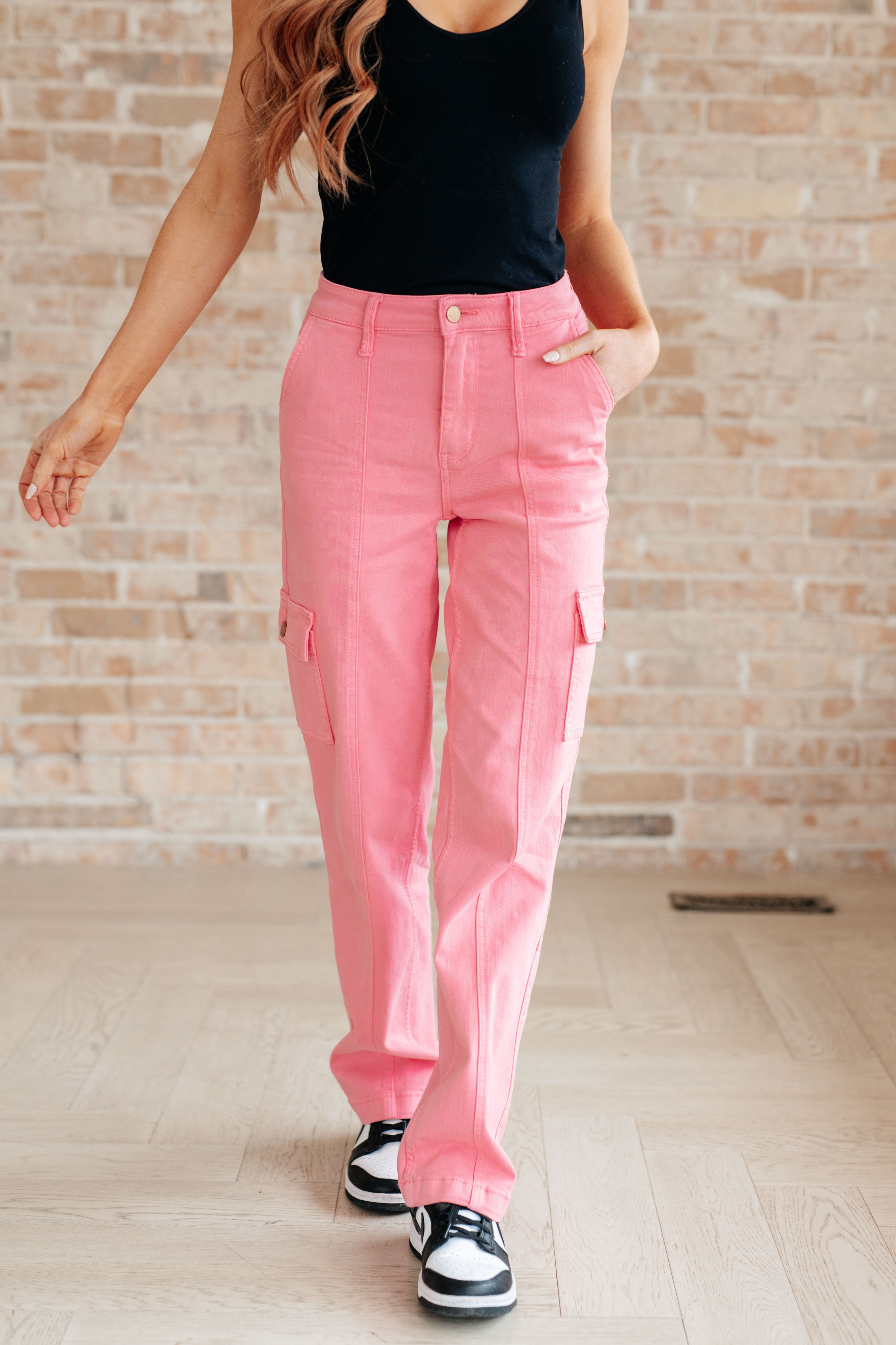 Judy Blue High Rise Cargo Straight Jeans- Pink