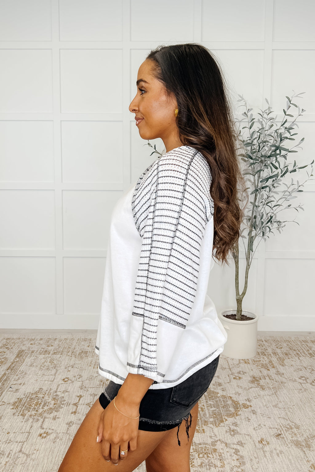 The Preoccupied Striped Sleeve Top- Black