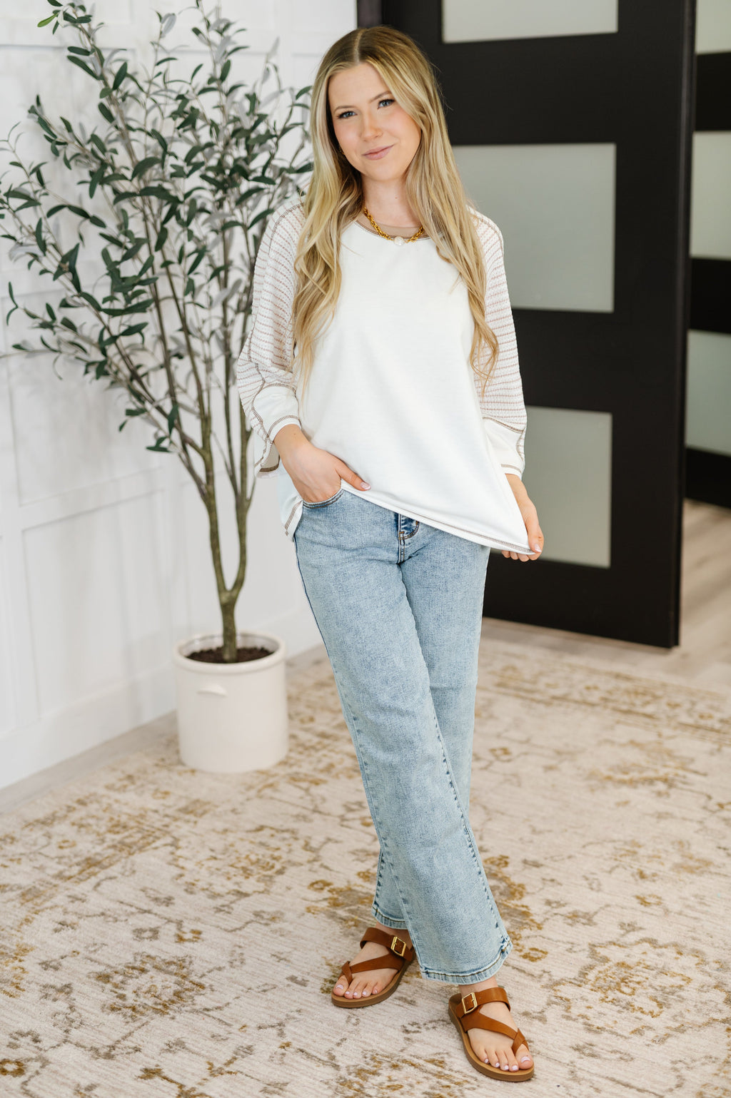 The Preoccupied Striped Sleeve Top- Tan