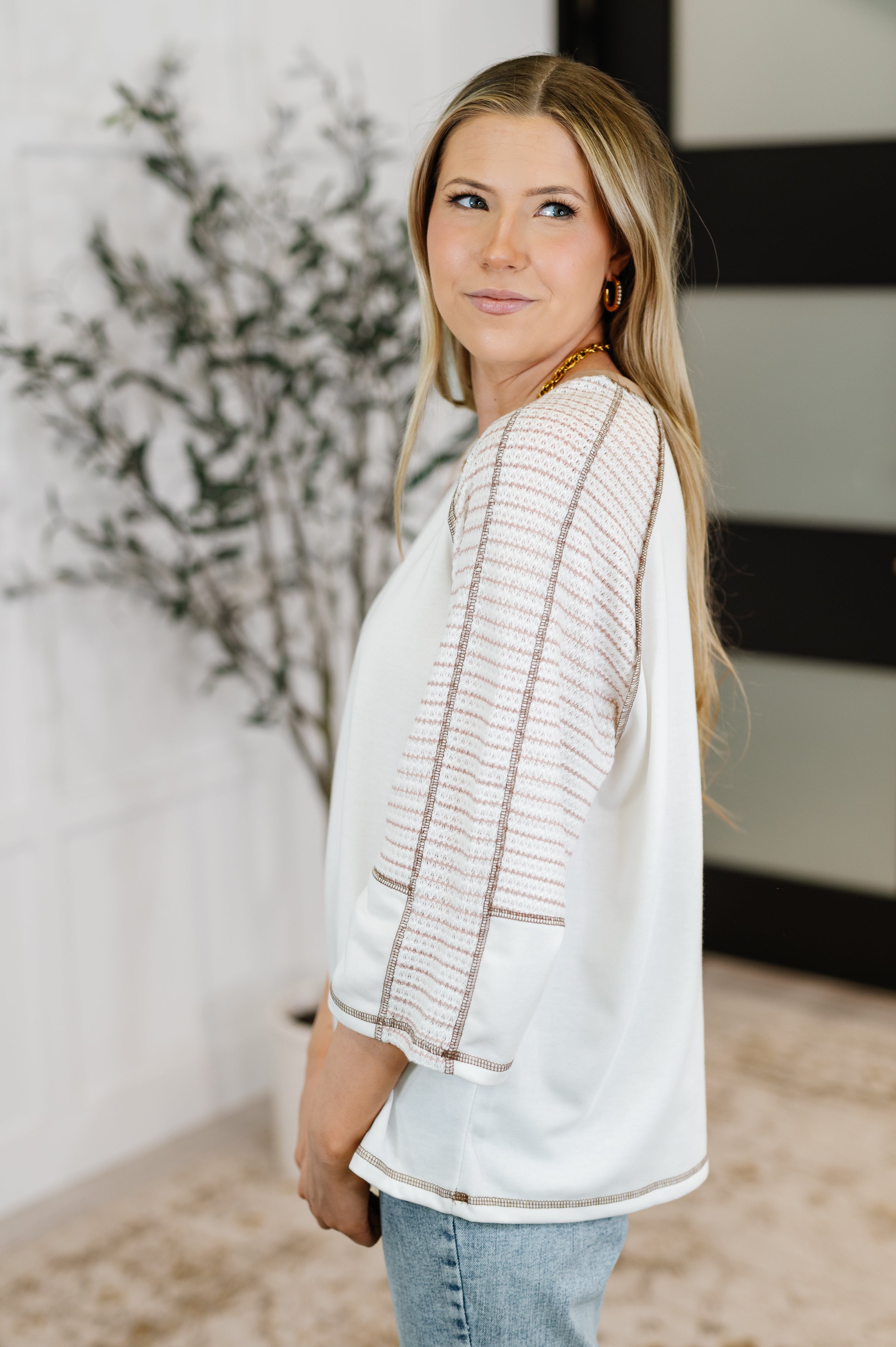 The Preoccupied Striped Sleeve Top- Tan