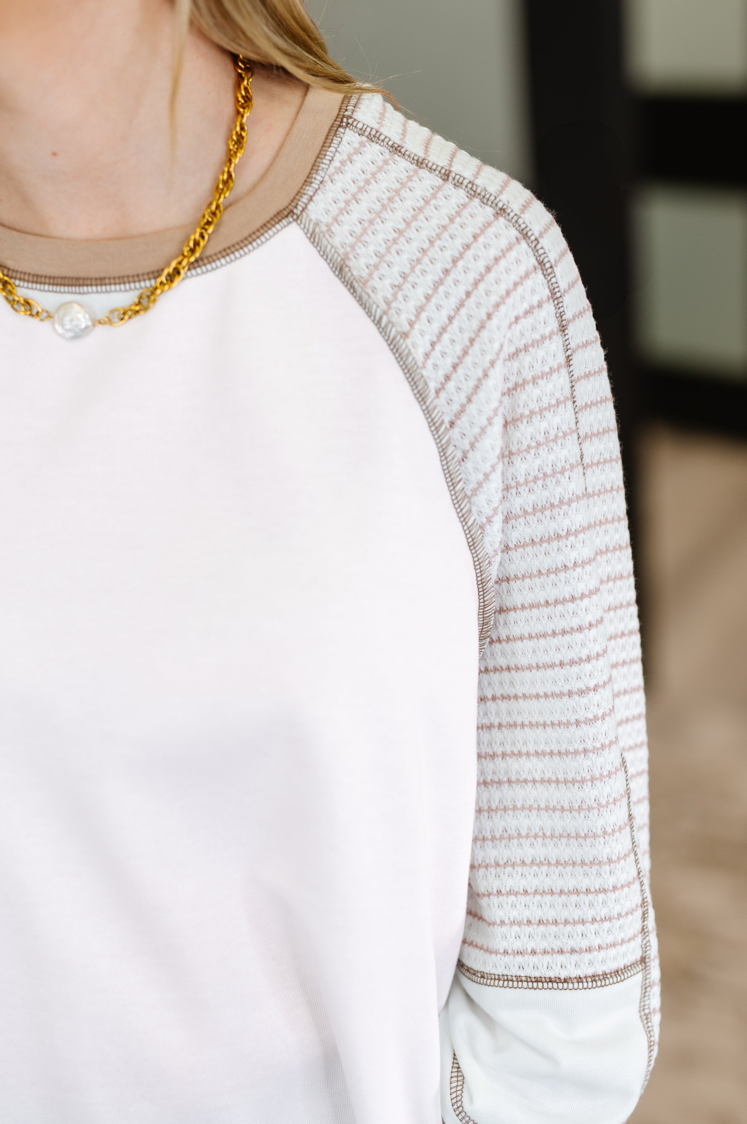 The Preoccupied Striped Sleeve Top- Tan