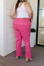Judy Blue Tummy Control Faux Leather Pants- Hot Pink