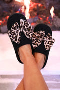 Cozy Bow Slippers- Black/Leopard